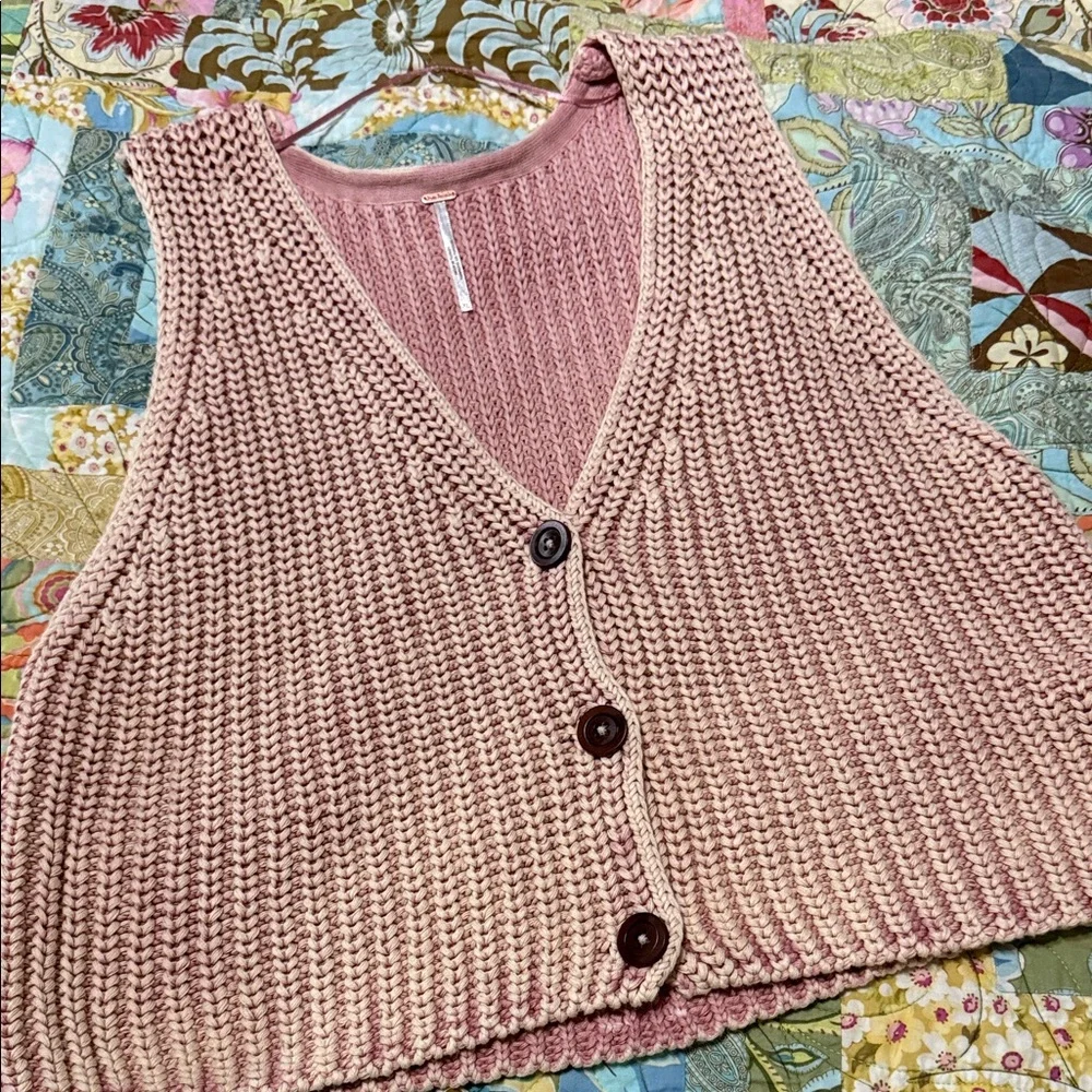 Free People Pink Knit Button-Up Sweater Vest. - Picture 1 of 5